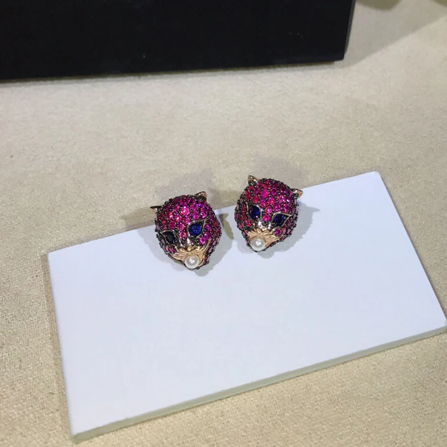 

Fashion Brand Cute Vintage Small Leopard Stud Earrings Rose Gold 925 Sterling Silver Pearl Charms Blue Hot Pink Mask Shape