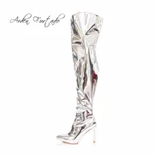 Arden Furtado/ г. Новые сапоги выше колена модные сапоги на шпильках золотистого и серебристого цвета пикантная обувь с острым носком на высоком каблуке, большие размеры