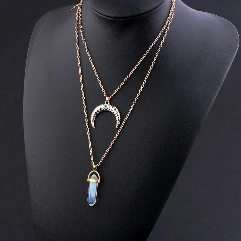 

LD Latest Popular Evil Eye Horns Moon Necklace Natural Stone Hex Pendant Multilayer Necklace Clavicle Chain
