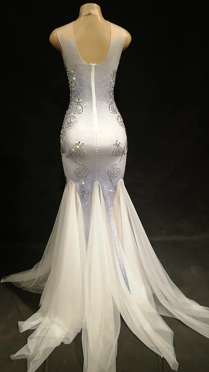 Блестящее белое Сетчатое длинное платье с камнями, женское облегающее платье для дня рождения и вечеринки, женское танцевальное Сетчатое трикотажное платье YOUDU