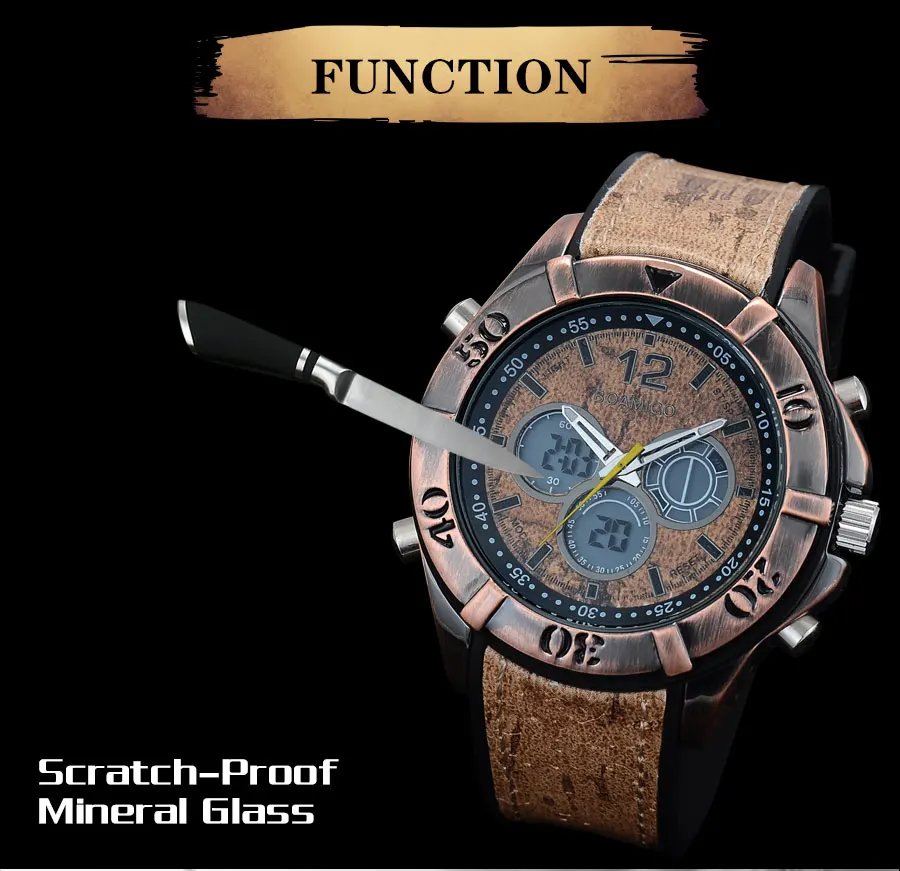 BOAMIGO Brand Vintage Punk Men's Watches Retro Wood Design Analog Digital LED Quartz Watch Waterpfoof 2 Time Zone Wristwatches (7)