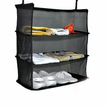 

Brand New 3 Tier Mesh Hanging Bag Wardrobe Holder Collapsible Travel Organizer Black Luggage Clothes Shoe Shelf Storage Baskets