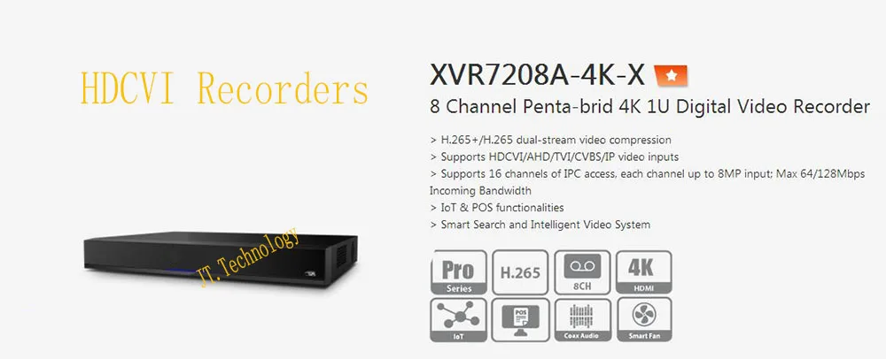 DAHUA 8 Channel Penta brid 4K 1U Digital Video Recorder IoT POS functionalities Without Logo XVR7208A
