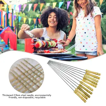 

10PCS Outdoor Picnic Barbecue Needle Stainless Steel BBQ Tools BBQ Roasting Needle With Wooden Handle Skewers Camping BBQ Forks