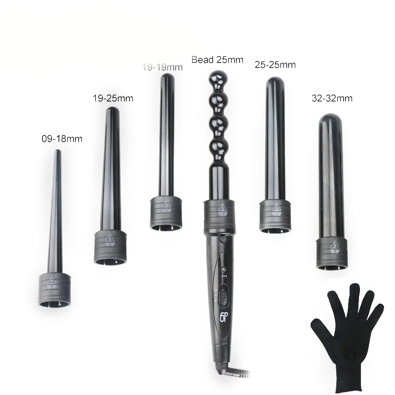 

6 Part Interchangeable Hair Curling Iron Machine Ceramic Hair Curler Multi-size Roller Heat Resistant Glove Styling Set