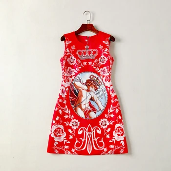 

Women Summer Dresses 2018 High Quality Runway O- Neck Sleeveless Jacquard Printed Beading Lady Mini Dress DX0708N