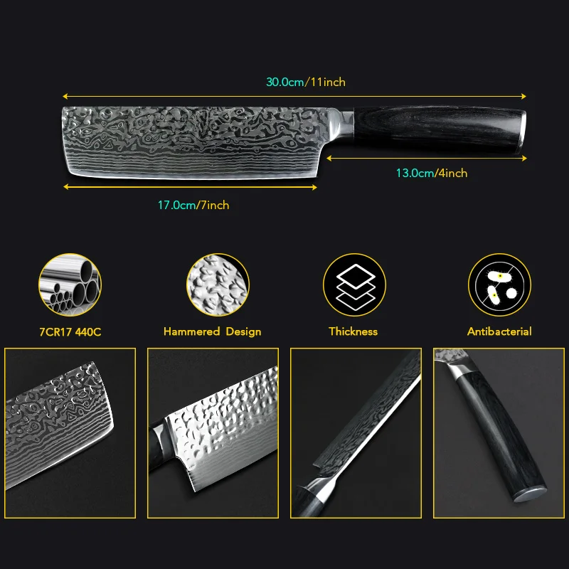 Comprar Cuchillos de Chef cuchillo de cocina 7 pulgadas japonés 7CR17 440C alto carbono Acero inoxidable imitación Damasco lijado láser Santoku cuchillo