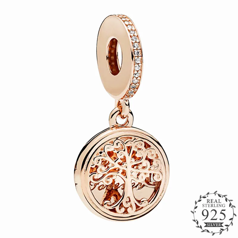 

2018 Autumn Rose Gold Family Roots Dangle Charm Beads with Clear CZ fits Pandora Charm Bracelets Silver 925 Original DIY Jewelry