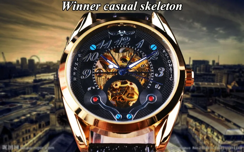 Победитель Мода Повседневное черный циферблат золотой чехол дизайнерские Для мужчин часы от топ бренда, роскошные мужские автоматические часы со скелетом класса люкс часы Для мужчин