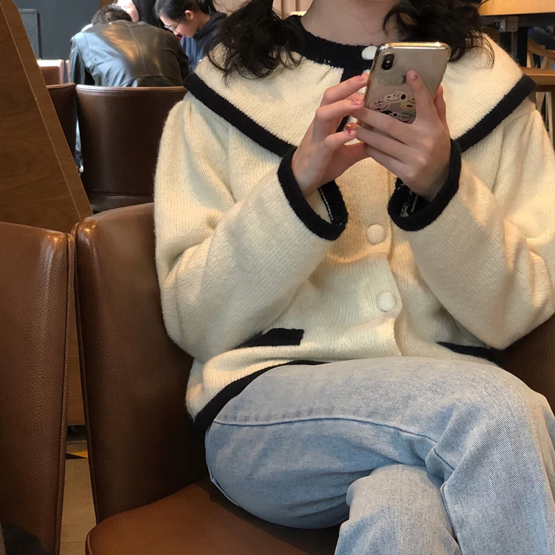 

2 colors 2019 spring korean style color patchwork knitted sweater outerwear short cardigans womens (C9215)