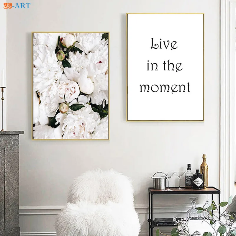 

Framed Canvas Painting Floral Poster White Peonies Prints Quotes Modern Wall Art Nursery Picture Living Room Home Decor