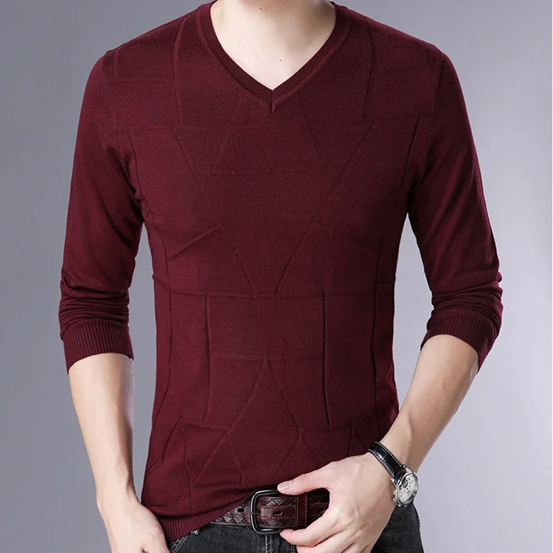 Тонкий шерстяной мужской кашемировый свитер с v-образным вырезом и длинным рукавом, однотонный цветной трикотаж, мужские повседневные теплые трикотажные пуловеры на осень и зиму - Цвет: red