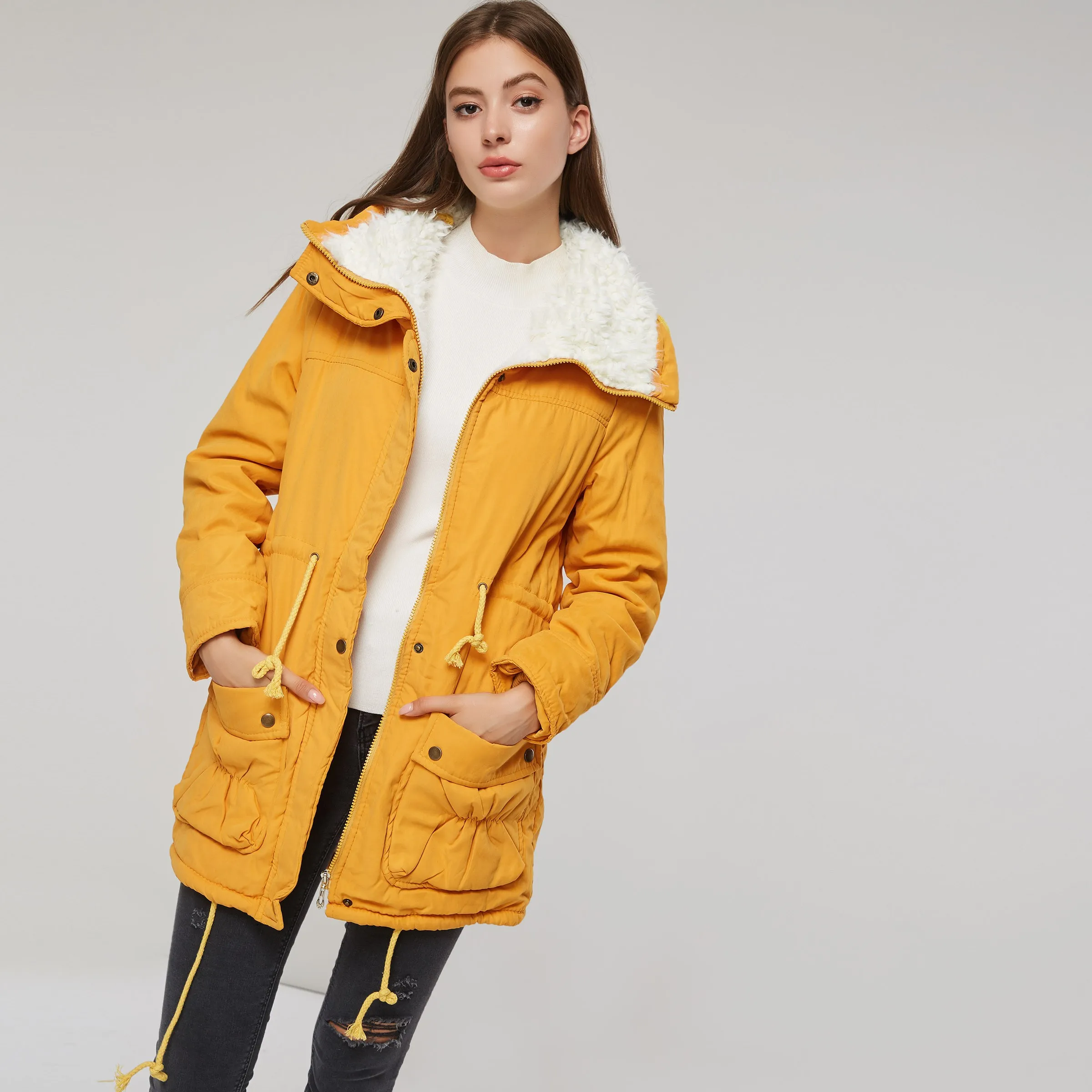 Sisjuly Women Cotton Coat Winter Fur Patchwork Pocket Yellow Casual ...