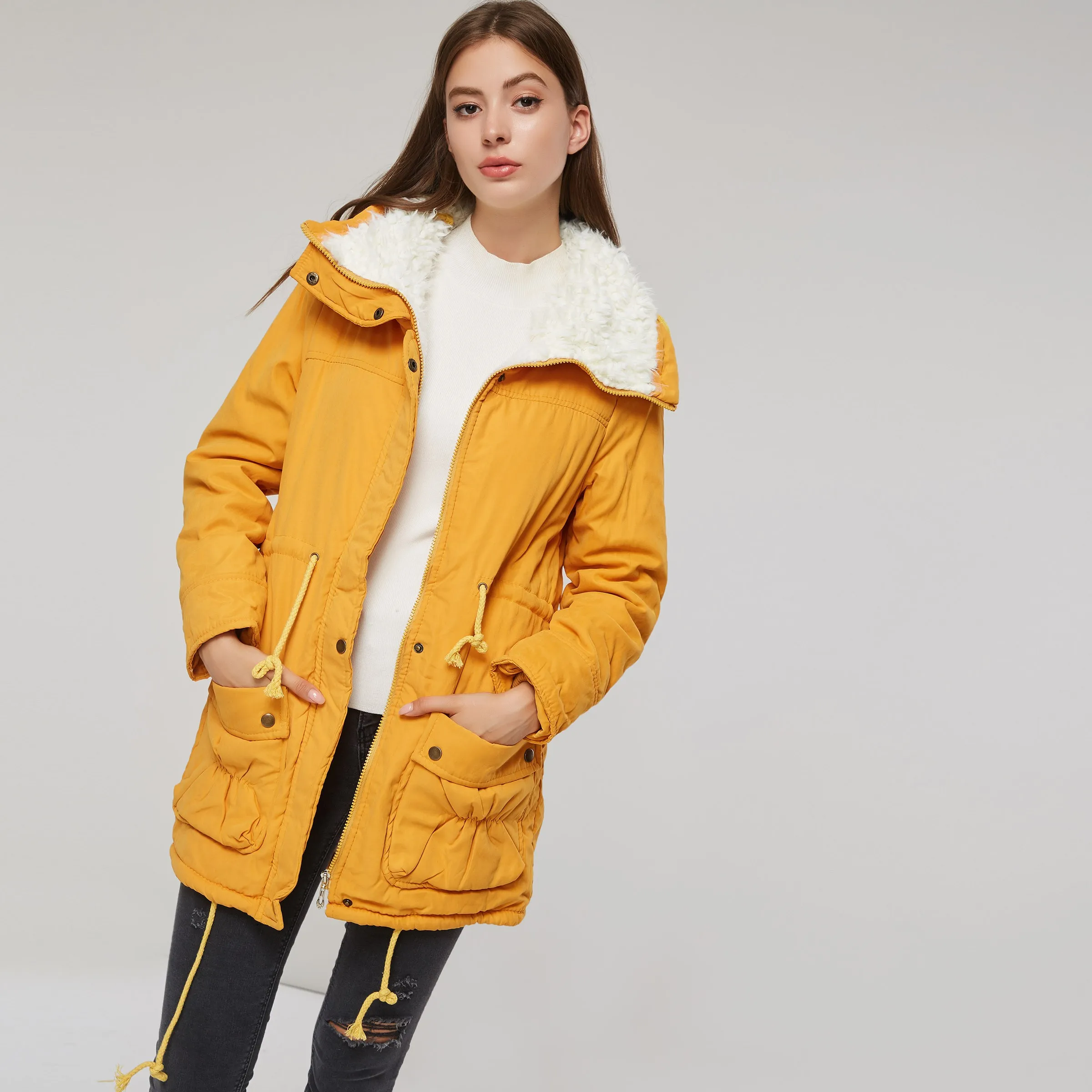 Sisjuly Women Cotton Coat Winter Fur Patchwork Pocket Yellow Casual