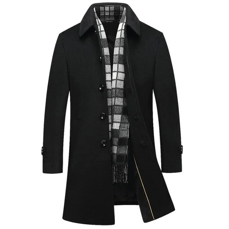 Высококачественная Зимняя шерстяная куртка, Мужская шерстяная смесь, повседневное приталенное шерстяное пальто с воротником, мужское длинное хлопковое однобортное шерстяное пальто для мужчин