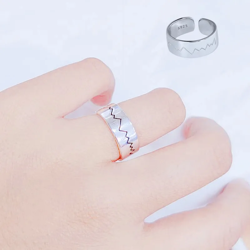 

XIYANIKE 925 Sterling Silver Fashion Wave Textured Glossy Open Adjustable Ring Creative Retro ECG design Women Finger Jewelry