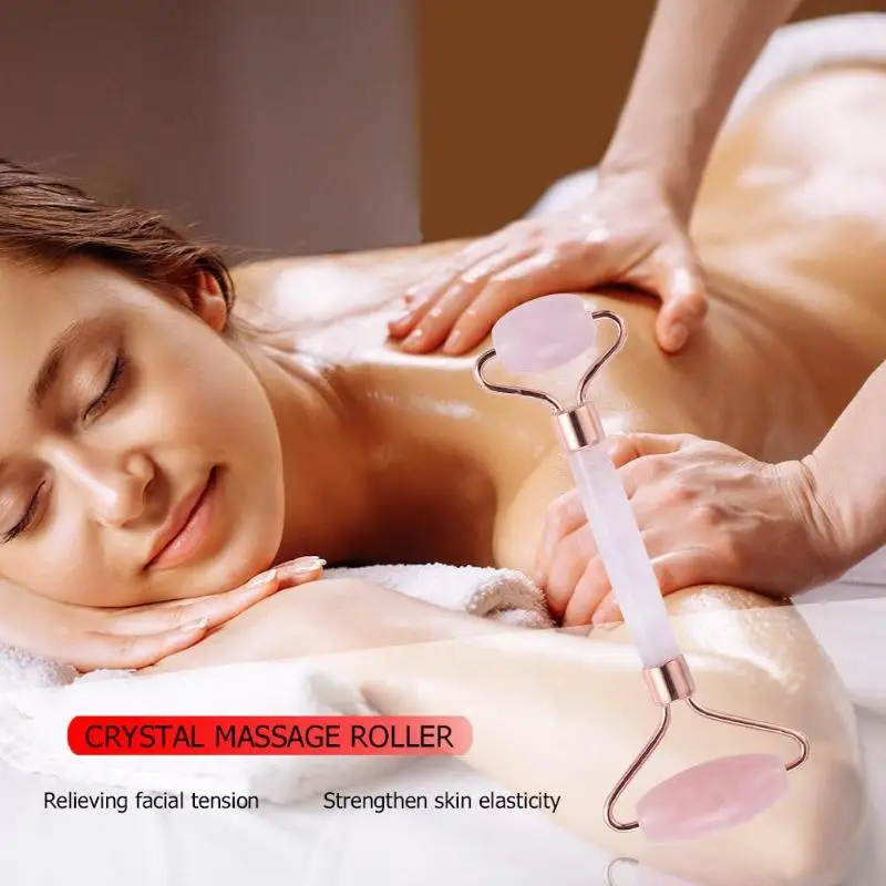 Розовый КВАРЦЕВЫЙ ролик для массажа лица с двойной головкой массажер для похудения лица инструмент для лифтинга лица против морщин массажный ролик