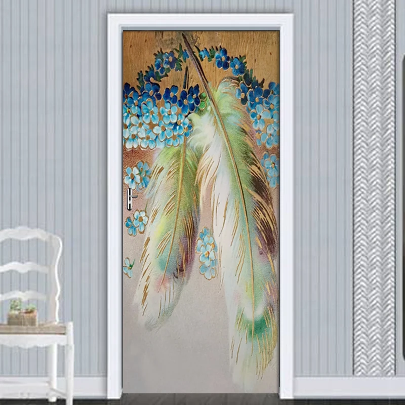 

2 pcs/set Golden Feather Flower Door Wall Sticker Bedroom Home Decor Poster PVC Waterproof Door Sticker Imitation 3D Mural Decal