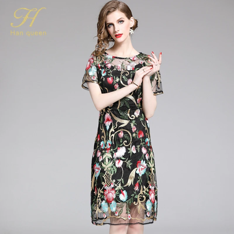 H Han queen сексуальное Сетчатое женское летнее платье 2019 вышитое цветочное