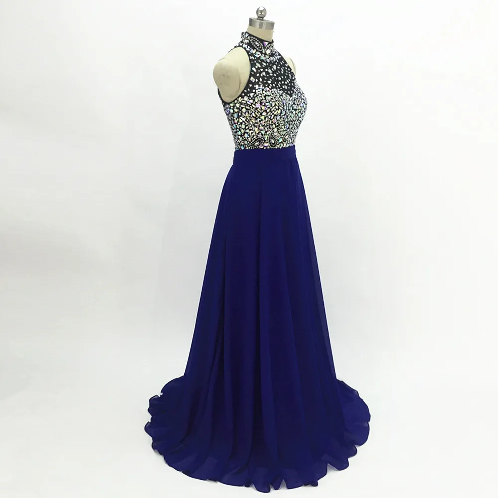 Crystal Beading Chiffon Prom Dresses Royal Blue 2020 Halter Women's Formal Long Evening Party Gowns Open Back Robe De Soiree