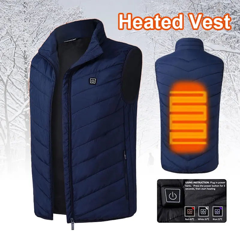 

Hot Sale USB 5-12v Electric Heating Down Vest Heated Heated Pad Jacket Heated Clothing Navy Blue Skiing Cloth Skiing Accessories