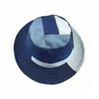 

Autumn and Winter Denim Patchwork Bucket Hat with Panelled brim Flat Folding Fisherman Cap for Women Men Blue Bonnet Portable