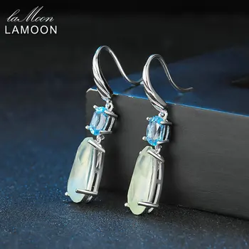 

LAMMON Natural Gemstone Drop Earring 6*14mm Prehnite + 4*6mm Blue Topaz 925 Sterling Silver Fine Jewelry for Women EI056