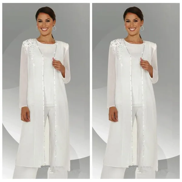 

2019 Formal White Chiffon Mother of the Bride Pant Suits With Jacket Long Blouse Sequins Beaded Mother of Groom Dresses 3 Pieces