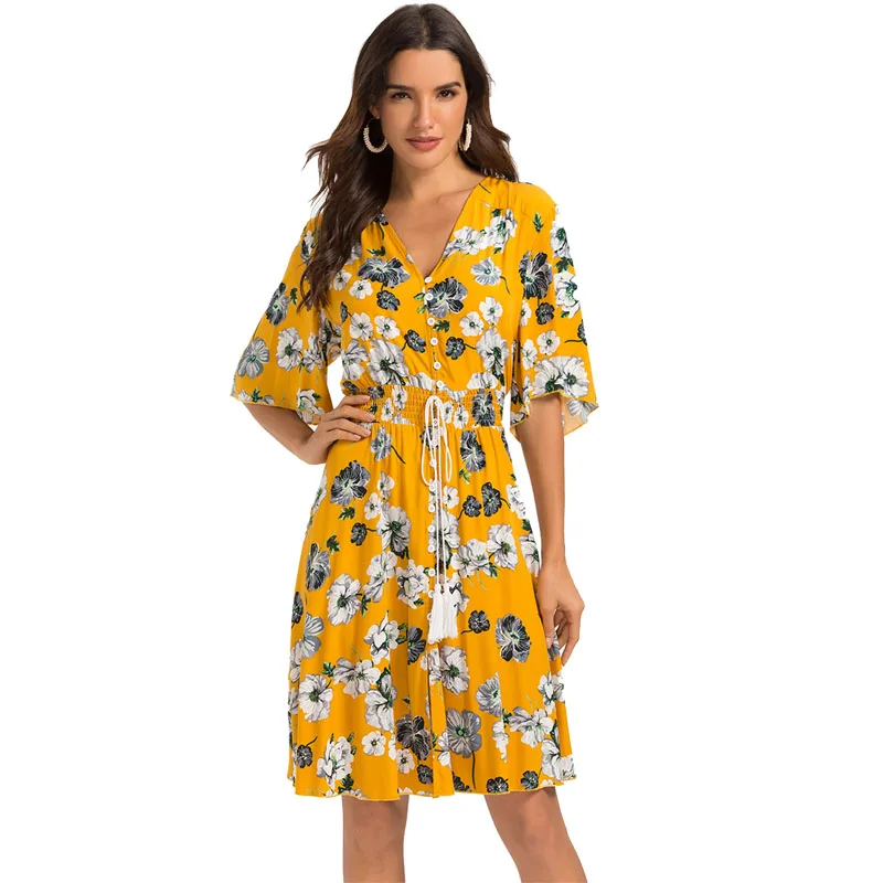 

Escalier Women's Floral Button Up Dress V Neck Split Flowy Boho Summer Party Midi Dress