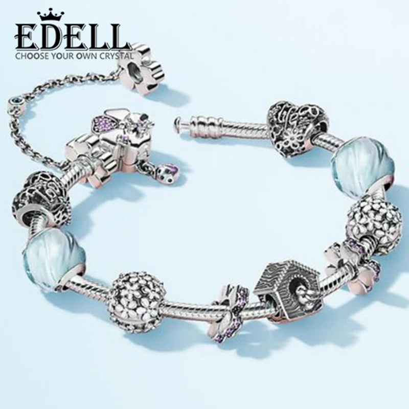 

EDELL 100% Sterling Silver Brand New 1:1 Elegant Fresh Floral Charm Temperament Holiday Relaxing Inspiration Bracelet Set
