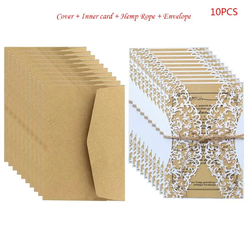  10pcs/set Laser Cut Wedding invitations Cards Lace Burlap Tie Invite Envelopes Kit For Engagement B - 33044281385