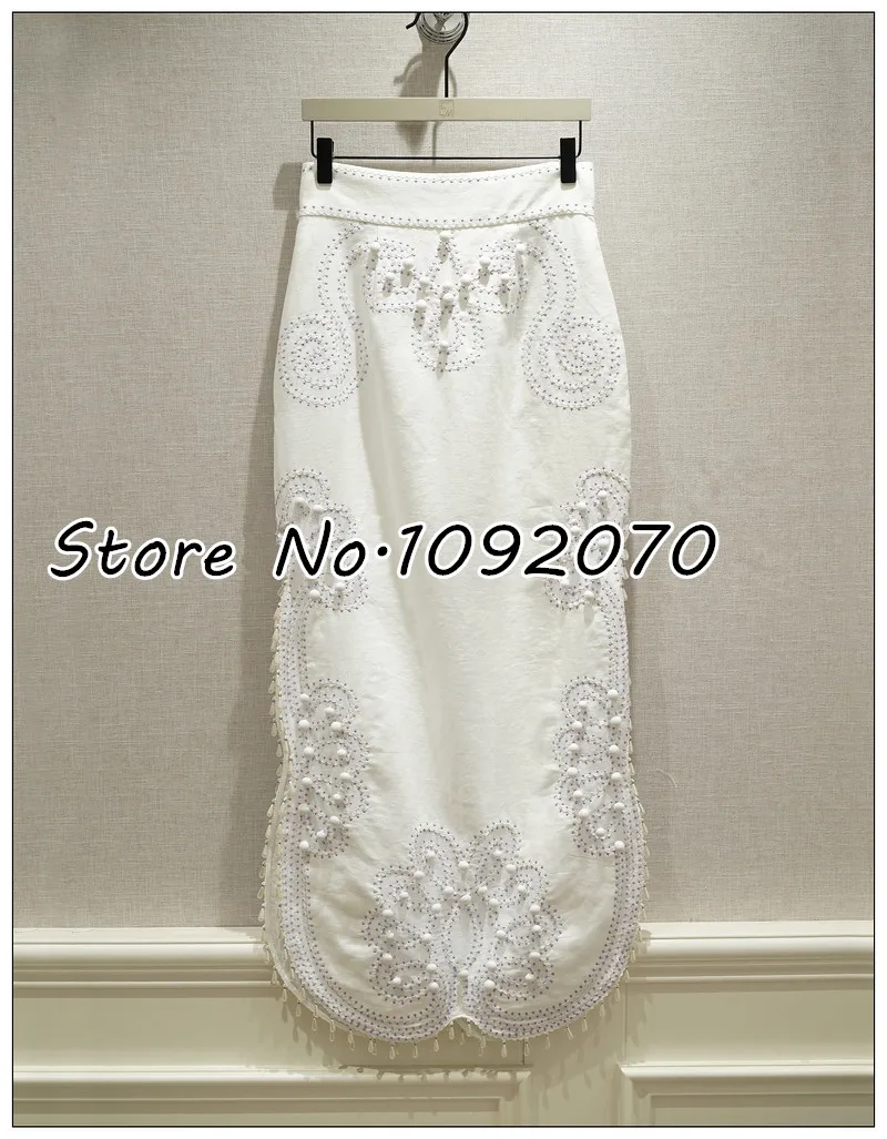 

Women Thigh-high Side Slits Ivory Embroidery Linen Midi Skirt With Tear Drop Edge Trim