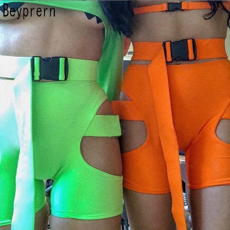 

Beyprern Neon Green Cut Out Buckle Biker Shorts Womens Sexy Hollow Out Punk Skinny Sporty Buckle Shorts Festival Wear Wholesale