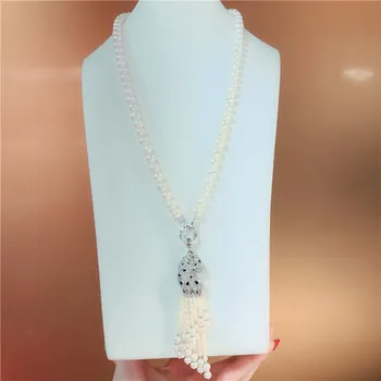 

Hot sell natural 9-10mm white freshwater pearl necklace zircon leopard accessories tassel sweater chain fashion jewelry