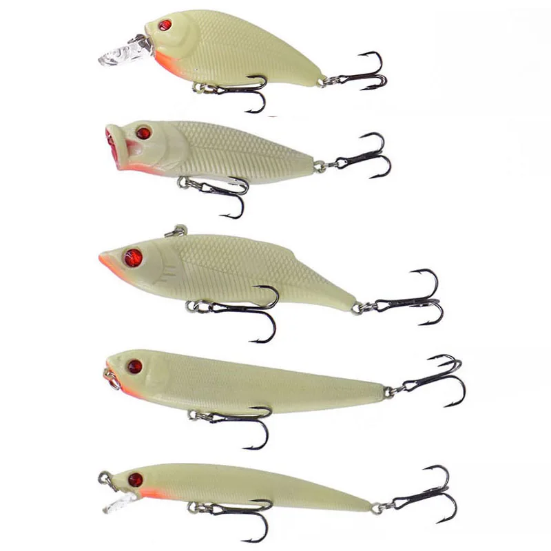 5pcs Fishing Lures Mix Minnow//Crank//Popper Bait Bass Crankbait Fishing Tackle