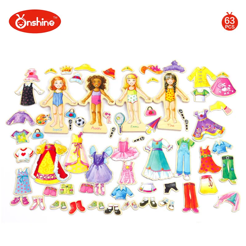 

ONSHINE Wooden Cute Girl Magnetic Dress Clothes Educational Toy Play House Change Clothes Game Toys 63PCS A Set