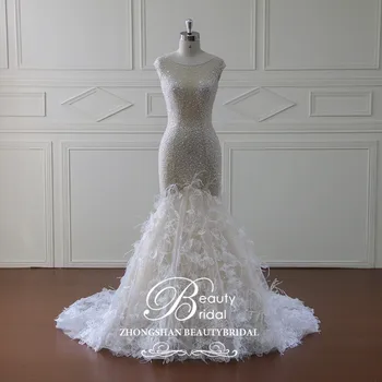 شراءفساتين زفاف فاخرة بتصميم حورية البحر دانتيل ذيل طويل خاص فستان الزفاف رداء De Mariage Vestidos XF16156