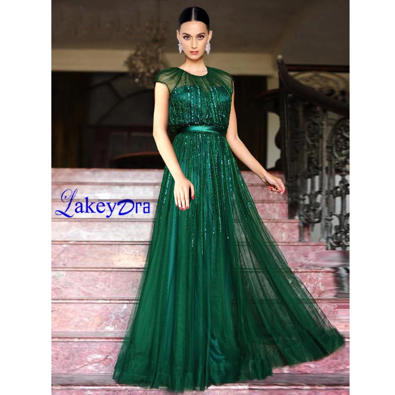 

Lakeydra A-Line Evening Dresses Emerald Green Tulle O-Neck Cap Sleeves with Sequins Zipper Back Evening Gowns Robe De Soiree