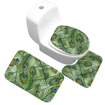 

Bathroom Toilet Floor Mat Cover Peacock Feather Pattern Series Soft Flannel Foot Mat Non-slip Absorbent Bath Mat Rug Set
