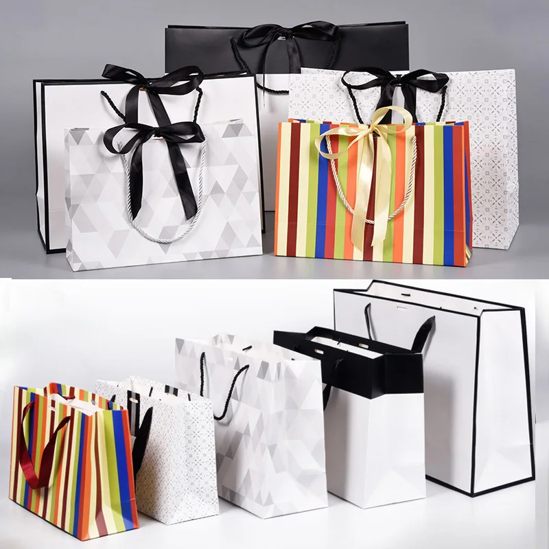 Stripe Bags Horizental Paper Bag With Ribbon Handles For