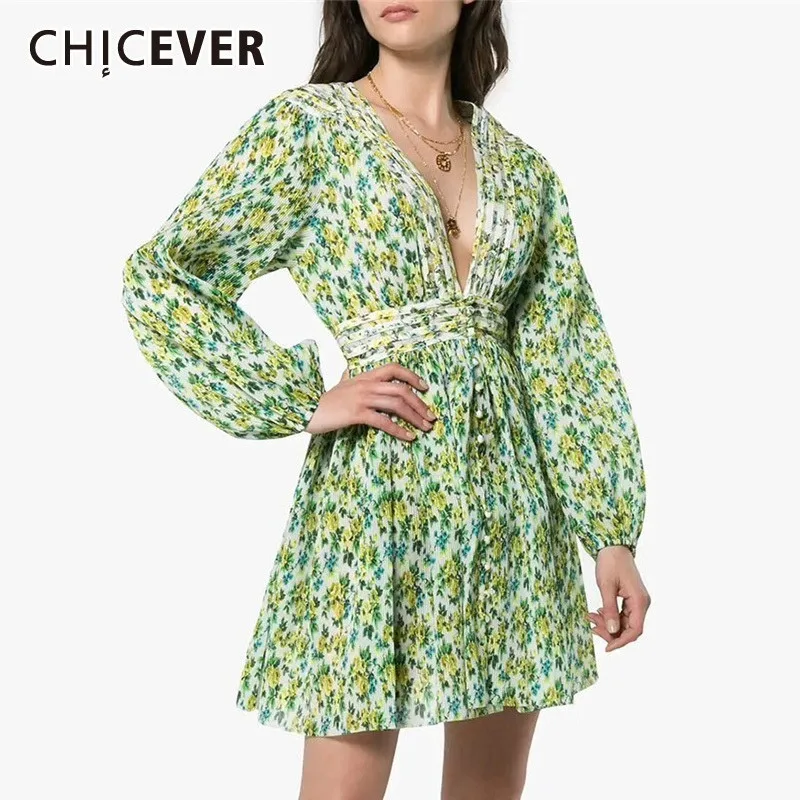 

CHICEVER Print Dress Female V Neck High Waist Tunic Lantern Long Sleeve Mini A-line Dresses Women 2019 Spring Casual Fashion New