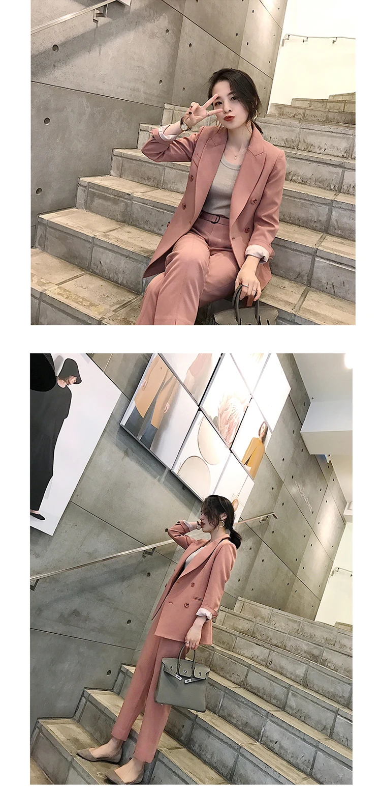 Женский комплект из 2 предметов, короткий розовый однотонный блейзер+ штаны с высокой талией, офисный женский пиджак, брючные костюмы, корейские костюмы для женщин