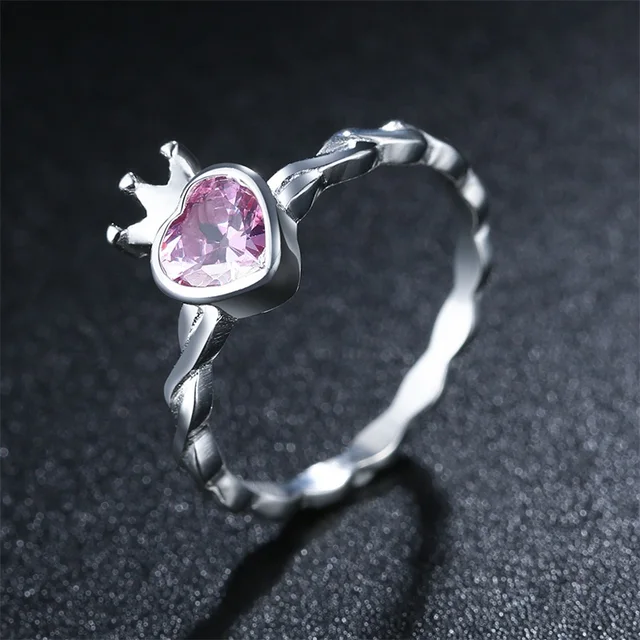 AZIZ BEKKAOUI Real 925 Sterling Silver Pink Heart Rings for Women Sweet Silver Crown Rings for Girl Engagement Jewelry Gift