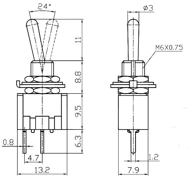 10pcs/Lot SPST 2Pins ON-OFF Miniature Rocker Toggle Switch with PCB Lug,3A/250VAC,6A/125VAC plastic push button caps