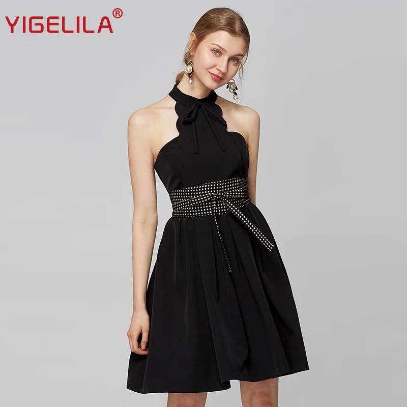 

YIGELILA Fashion Women Black Halter Dress Solid Empire Slim Lace Up A-line Knee Length Off Shoulder Party Dress Vestidos 63914