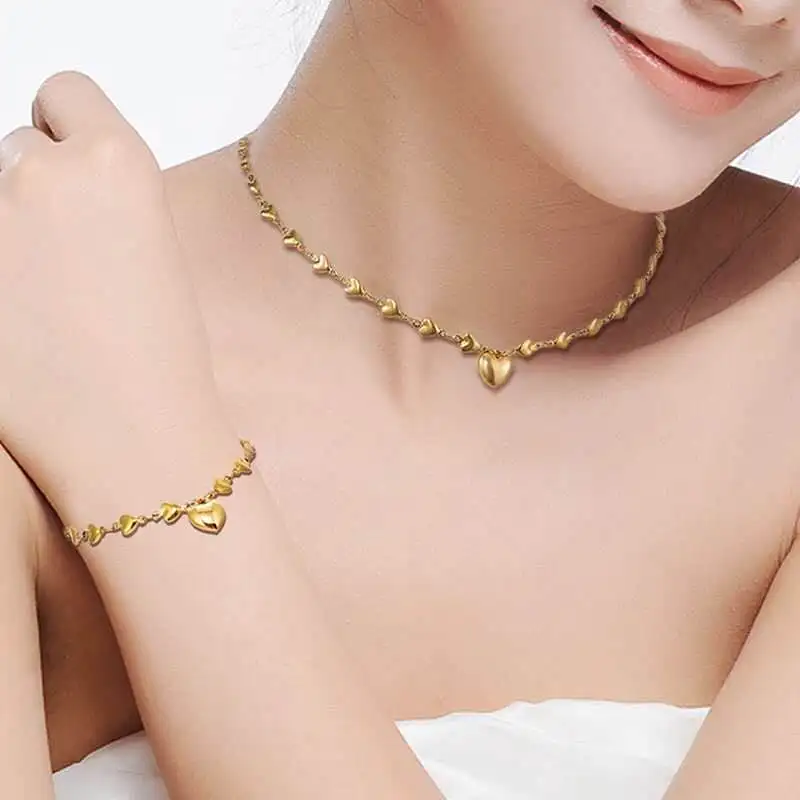 Luxury 316L Stainless Steel Heart Choker Necklace Pendant + Bracelet Jewelry Sets Women Engagement Jewellery Accessories Luxury 316L Stainless Steel Heart Choker Necklace Pendant + Bracelet Jewelry Sets Women Engagement Jewellery Accessories