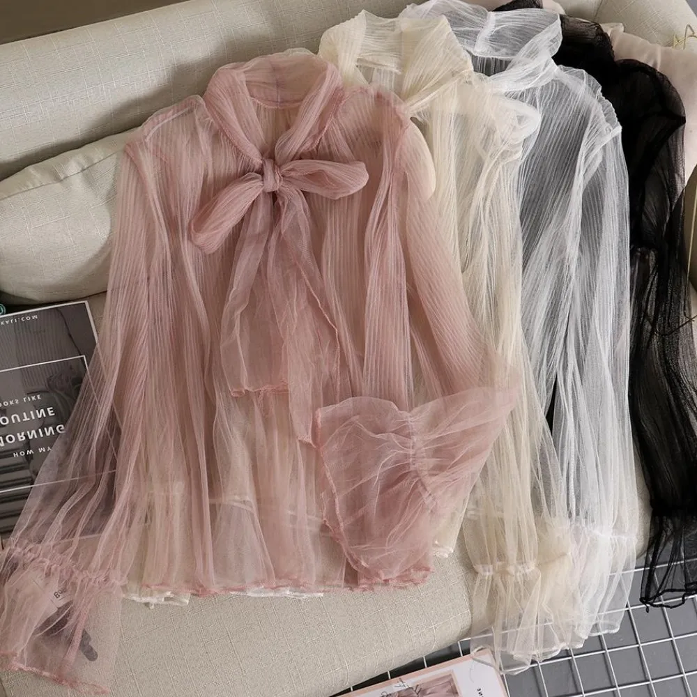 

Women Tulle Bow Tie Neck Sheer Basic Shirt Party Casual Top Blouse New