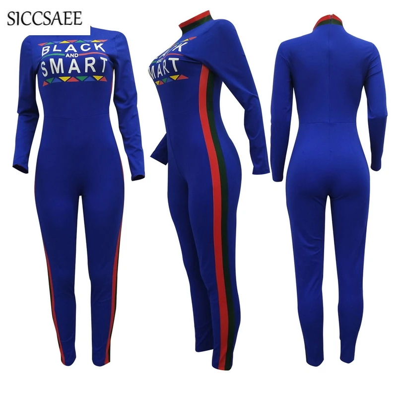 Letter Offset Print Rompers Womens Jumpsuit Long Pants Back Zip Striped Side Turtleneck Fall 2018 Bodycon Bodysuit Sexy One Pcs