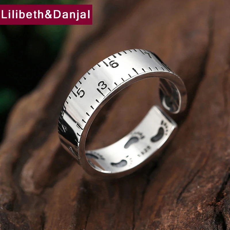 

Finger Adjustable Couple Ring 100% 925 Sterling Silver Jewelry Women Creative foot print number Measuring ruler Ring 2019 R65