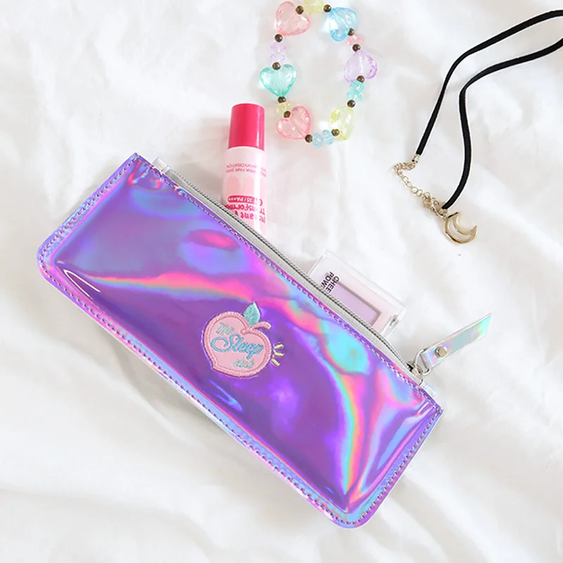 

Hologram Laser Cosmetic Case Women Makeup Brush Storage Bags Embroidery Peach Zipper Bag Student Pencil Bags Pen Organizer Cases